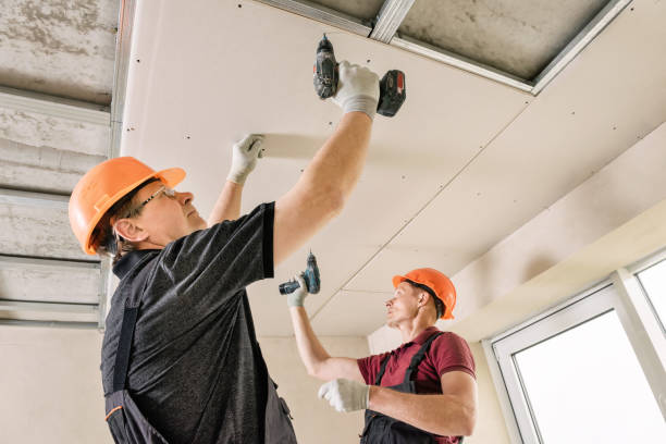 Installation of drywall. Workers are using screws and a screwdriver to attach plasterboard to the ceiling.